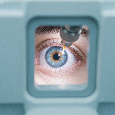 Close-up of an eye undergoing LASIK surgery, with a laser light focused on the cornea, showing precision and advanced technology, no text, no words, no typography, clean image
