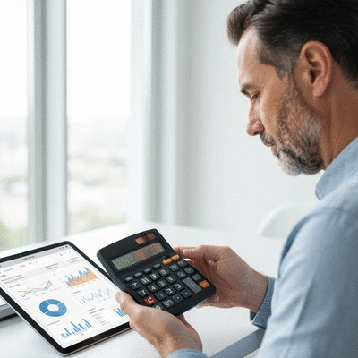 Close-up of a person reviewing financial documents with a calculator and a visual representation of medical expenses, clean image, no text, no words, no typography, 8K