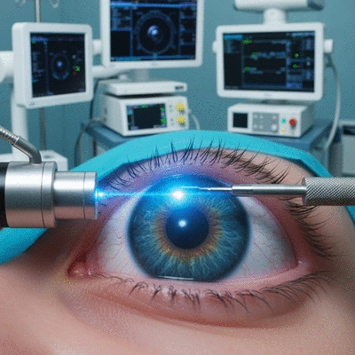 Detailed close-up of a patient's eye undergoing a simulated laser eye surgery procedure, showing precise laser light, high-tech medical equipment in the background, sterile environment, no text, no words, no typography, 8K, ultra high-quality photorealistic