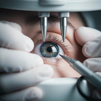 Close-up of an eye being examined before laser eye surgery, with a gentle light reflection, no text, no words, no typography, clean image