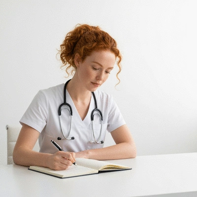Person preparing a list of questions for a medical consultation, with a notebook and pen