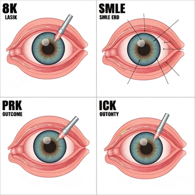 Medical illustration of different types of laser eye surgery procedures like LASIK, SMILE, PRK, and ICL