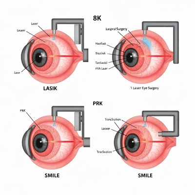 Detailed diagram showing different laser eye surgery procedures like LASIK, PRK, and SMILE, with clear annotations, no text, no words, no typography, 8K