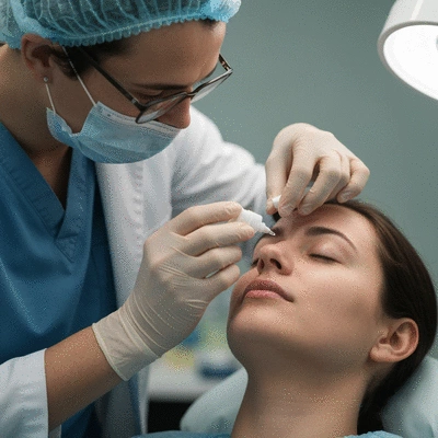 Patient receiving aftercare eye drops, emphasizing care