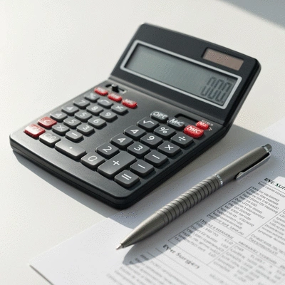 Close-up image of a calculator, a pen, and a document with numbers, representing financial planning for eye surgery, clean image, no text, no words, no typography