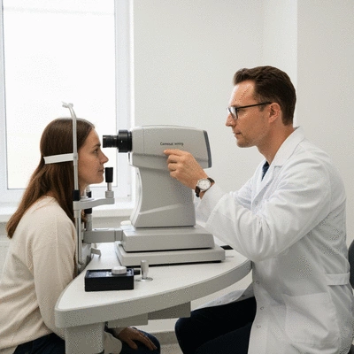 Detailed eye exam with modern equipment, focusing on corneal mapping