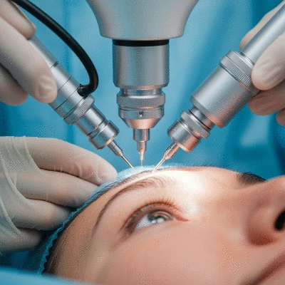Close-up of a patient's eye undergoing a laser eye surgery procedure, with advanced laser equipment in the background, clean, sterile environment, no text, no words, no typography, 8K