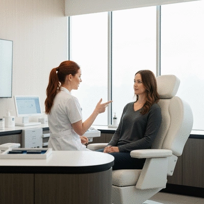 Patient discussing laser eye surgery options with a female eye surgeon in a modern clinic setting, clear communication, professional, no text, no words, no typography, 8K