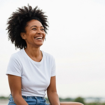 Happy woman looking into the distance after successful laser eye surgery, showing clear vision and freedom from glasses, bright and optimistic, no text, no words, no typography, clean image