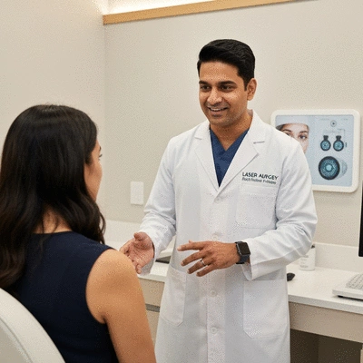 Professional eye surgeon consulting with a patient in a modern clinic setting, discussing options for laser eye surgery. Clear, well-lit environment, focus on interaction, no text, no words, no typography, 8K, ultra high-quality photorealistic